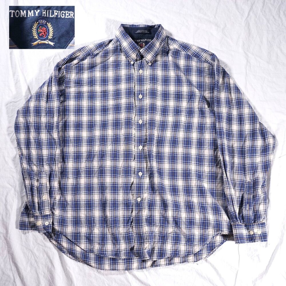 Tommy Hilfiger Vintage Plaid Button Up Shirt Blue White Mens Fits XL